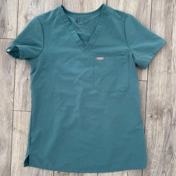 FIGS Scrubs Women Teal V Neck Short Sleeve Top With Chest Pocket - Picture 2 of 6